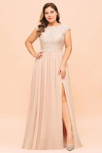 Vestido de dama de honor de talla grande con encaje rosa perla, mangas cortas y abertura lateral, vestido de fiesta de boda