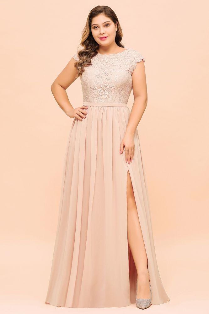 Vestido de dama de honor de talla grande con encaje rosa perla, mangas cortas y abertura lateral, vestido de fiesta de boda