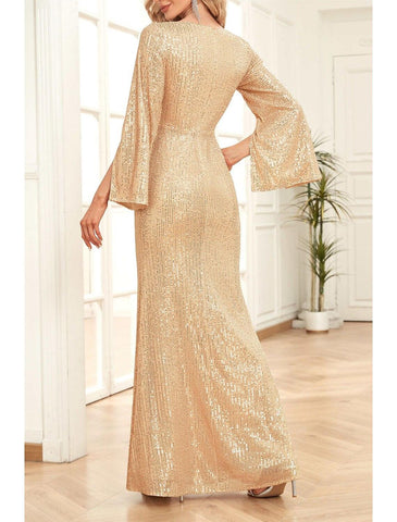 Meerjungfrau/Trompete Kleid für die Brautmutter, Hochzeitsgast, Party, Glitzer und Glanz, U-Ausschnitt, V-Ausschnitt, bodenlang, Pailletten, 3/4-Ärmel mit Rüschen, einfarbig