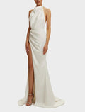 Vestidos de fiesta de corte tubo/columna, elegantes, para graduación, corte en cola, sin mangas, cuello halter, para invitados de boda de otoño, de satén con abertura, color puro