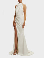 Vestidos de fiesta de corte tubo/columna, elegantes, para graduación, corte en cola, sin mangas, cuello halter, para invitados de boda de otoño, de satén con abertura, color puro