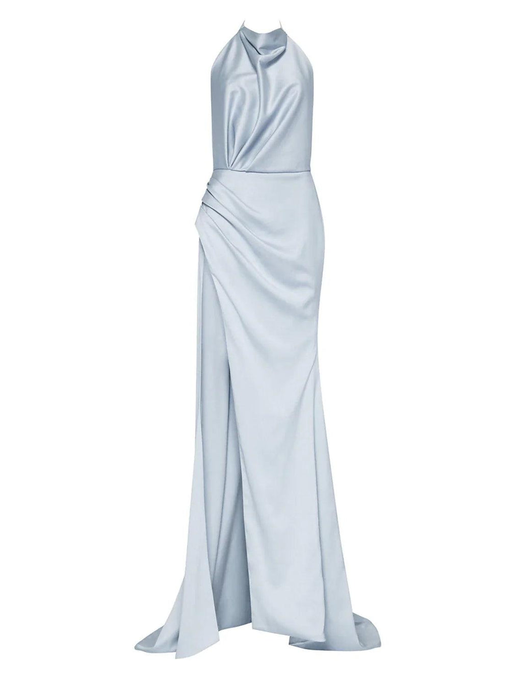 Vestidos de fiesta de corte tubo/columna, elegantes, para graduación, corte en cola, sin mangas, cuello halter, para invitados de boda de otoño, de satén con abertura, color puro