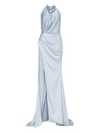 Vestidos de fiesta de corte tubo/columna, elegantes, para graduación, corte en cola, sin mangas, cuello halter, para invitados de boda de otoño, de satén con abertura, color puro