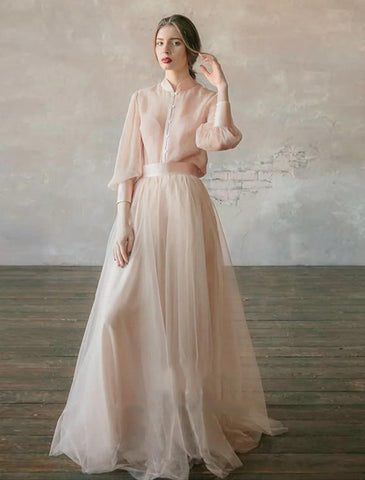 Numbersea Two Piece Empire Minimalist Wedding Guest Formal Evening Birthday Dress Stand Collar Long Sleeve Floor Length Chiffon with Tier