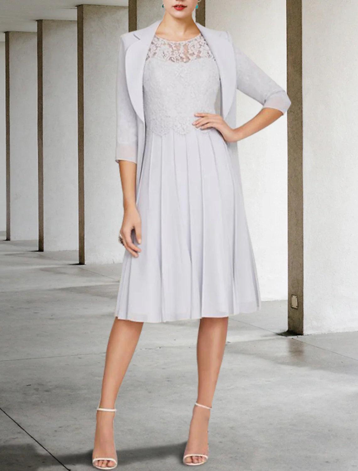 Two Piece A-Line Mother of the Bride Dress Church Elegant V Neck Knee Length Satin Lace Half Sleeve Jacket Dresses with Pleats