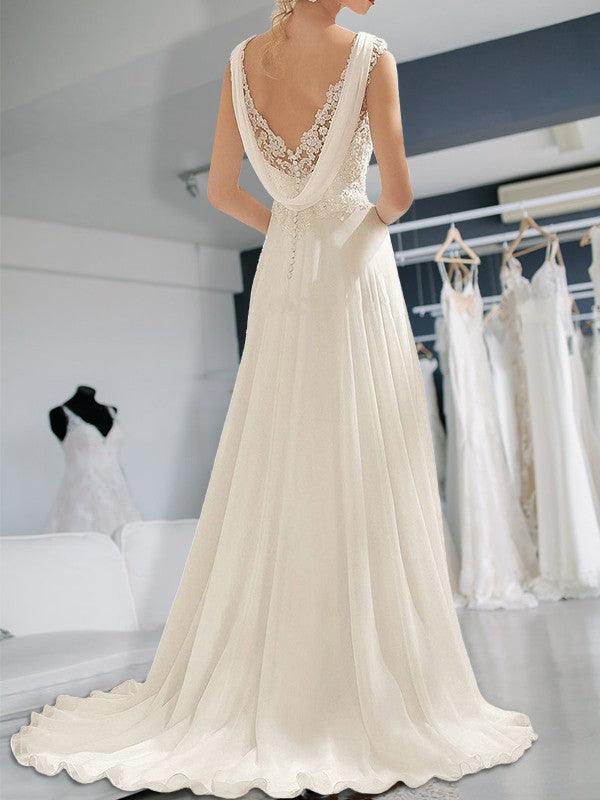 Vestidos de novia de gasa con encaje, escote en V, sin mangas y corte imperio