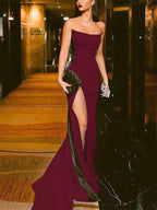 Sheath/Column Strapless Elastic Woven Satin Court Train Sleeveless Dresses