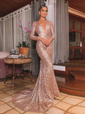 Vestidos de lentejuelas de corte trompeta/sirena, mangas largas, escote en V, cola de corte y volantes