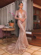 Vestidos de lentejuelas de corte trompeta/sirena, mangas largas, escote en V, cola de corte y volantes