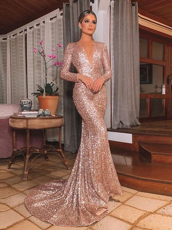 Vestidos de lentejuelas de corte trompeta/sirena, mangas largas, escote en V, cola de corte y volantes