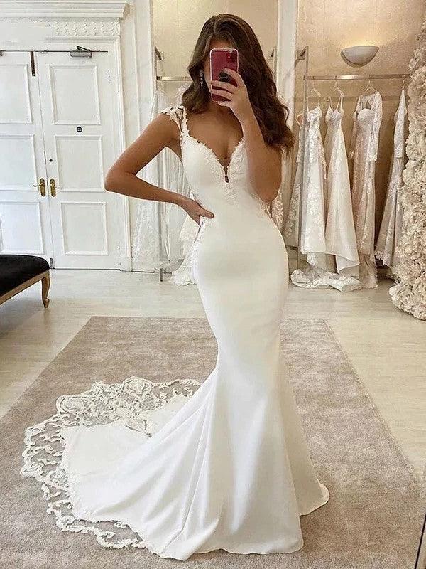 Vestidos de novia con escote en V, sin mangas, de crepé elástico, con cola larga y corte tubo/columna