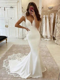 Vestidos de novia con escote en V, sin mangas, de crepé elástico, con cola larga y corte tubo/columna