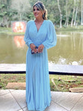 Mother of the Bride Dresses A-Line Princess Chiffon Ruffles V-neck Long Sleeves Floor-Length