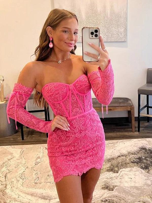 Vestidos cortos/mini de manga larga con escote en forma de corazón y encaje con corte tubo/columna