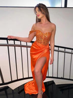 Sheath/Column Elastic Woven Satin Ruched One-Shoulder Sleeveless Sweep/Brush Train Dresses