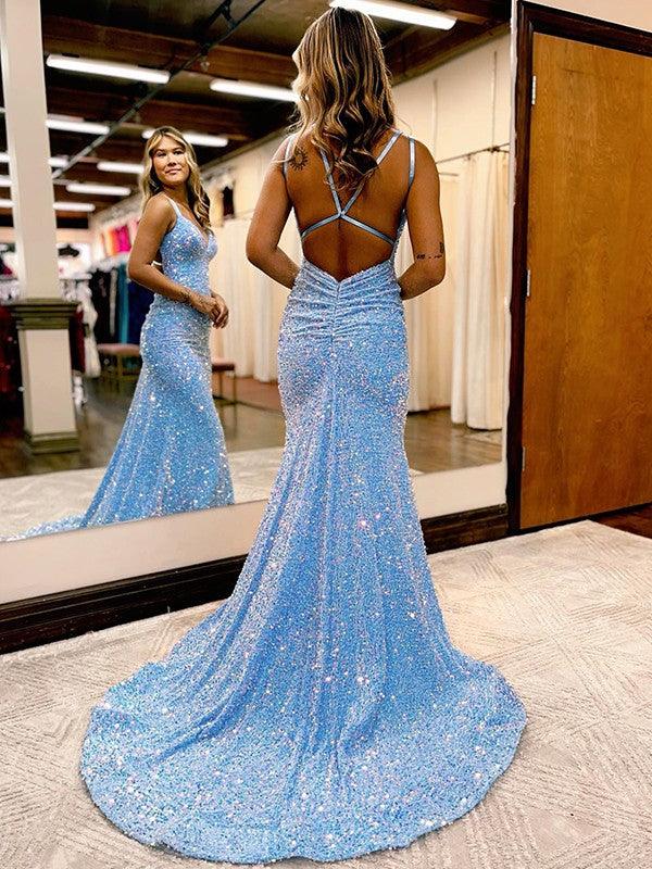 Vestidos de terciopelo con lentejuelas, escote en V fruncido, sin mangas y cola larga