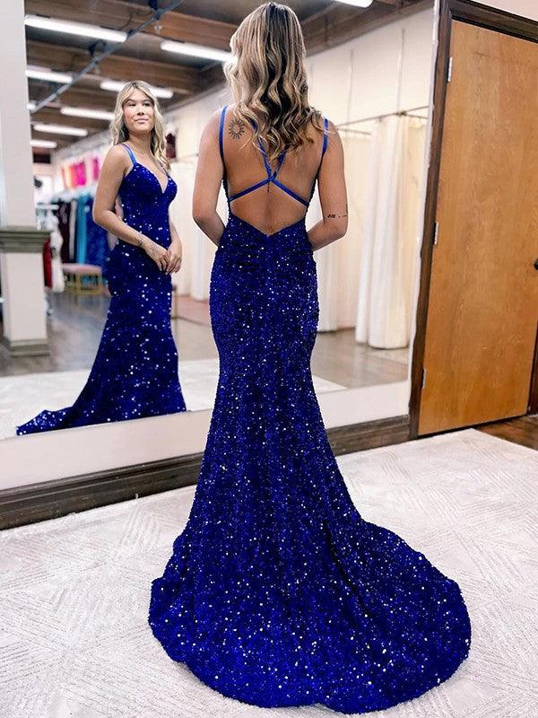 Vestidos de terciopelo con lentejuelas, escote en V fruncido, sin mangas y cola larga