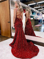 Vestidos de terciopelo con lentejuelas, escote en V fruncido, sin mangas y cola larga