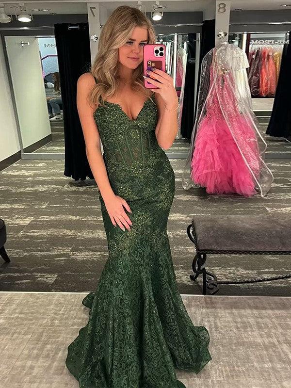 Vestidos de corte trompeta/sirena con apliques de encaje, escote en V, sin mangas y cola larga