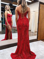 Sheath/Column Sequins Lace Spaghetti Straps Sleeveless Sweep/Brush Train Dresses