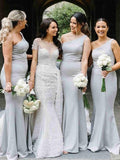 Vestidos de dama de honor de corte trompeta/sirena, de crepé elástico, fruncido, con un solo hombro, sin mangas y hasta el suelo