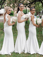 Vestidos de dama de honor de corte trompeta/sirena, de crepé elástico, fruncido, halter, sin mangas, hasta el suelo