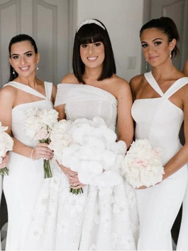 Vestidos de dama de honor de corte trompeta/sirena, de crepé elástico, fruncido, halter, sin mangas, hasta el suelo