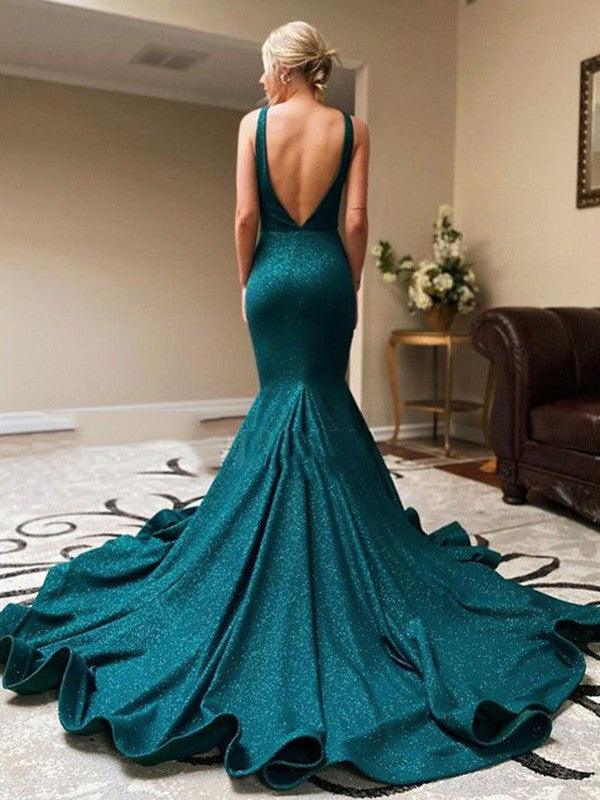 Vestidos de corte trompeta/sirena con volantes, escote en V, sin mangas y cola de corte