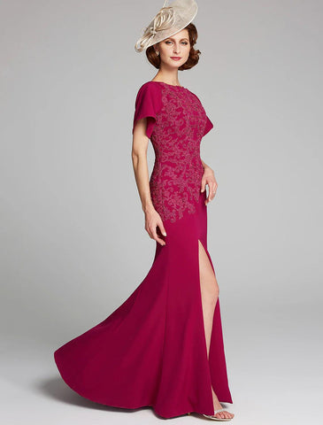 Meerjungfrau/Trompete Kleid für die Brautmutter, U-Boot-Ausschnitt, bodenlang, Chiffon, Spitze, kurze Ärmel, mit Spitze, Schlitz vorne