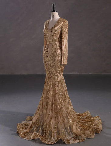 Meerjungfrau/Trompete Abendkleid Sparkle &amp; Shine Kleid Formal Hofschleppe Langarm V-Ausschnitt Afroamerikanische Spitze mit Pailletten