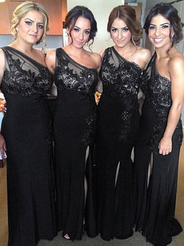 Vestidos de dama de honor de licra, sin mangas, con corte tubo y un solo hombro, hasta el suelo