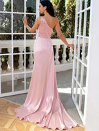 Sheath / Column Evening Gown Sparkle & Shine Dress Wedding Party Birthday Court Train Sleeveless One Shoulder Satin with Pearls Sequin Slit