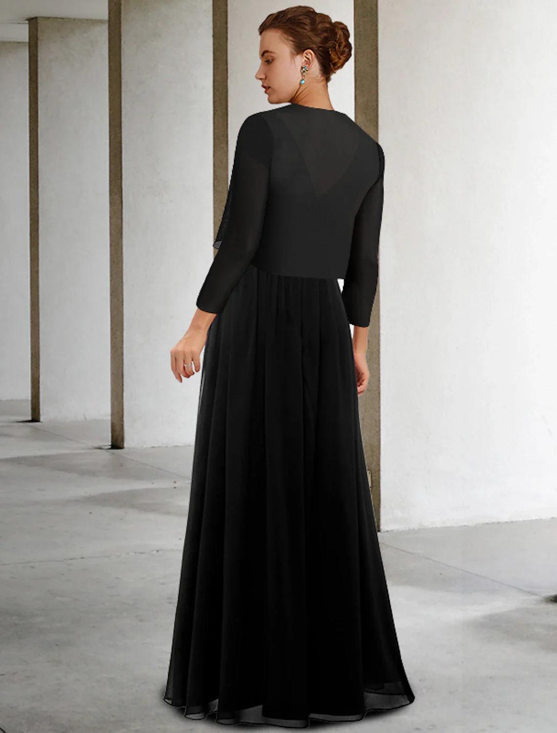 Zweiteiliges A-Linien-Kleid für die Brautmutter in Übergröße, elegant, V-Ausschnitt, bodenlang, Chiffon, Spitze, ärmellos, Wickelkleid inklusive Schärpe/Band, Faltenapplikationen