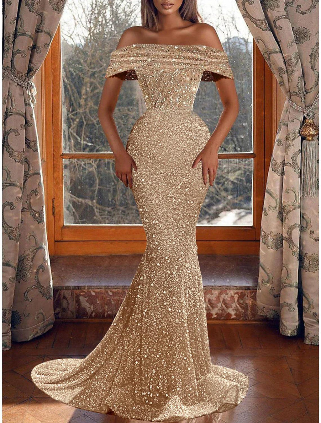 Vestido de fiesta de sirena, vestido de noche con brillo y destellos, vestido de graduación, cumpleaños, asimétrico, manga corta, hombros descubiertos, con lentejuelas