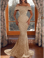 Vestido de fiesta de sirena, vestido de noche con brillo y destellos, vestido de graduación, cumpleaños, asimétrico, manga corta, hombros descubiertos, con lentejuelas