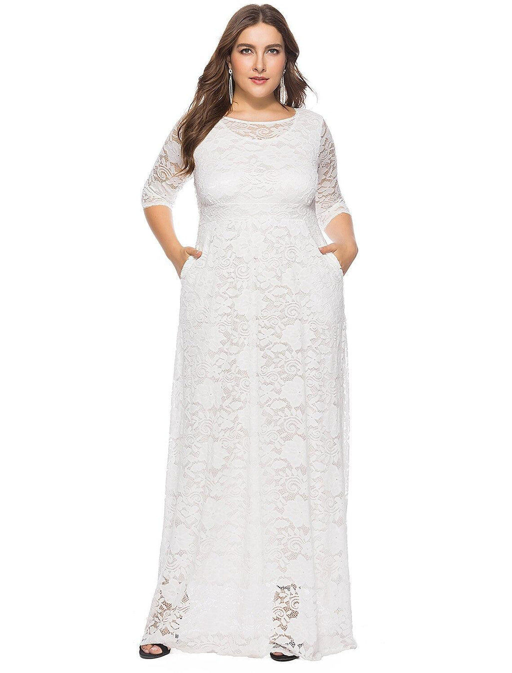 Etui-Linie/Säulenkleid in Übergröße, weiß, für die Feiertage, Hochzeitsgäste, Rundhalsausschnitt, halbe Ärmel, bodenlang, Spitze mit Spitzeneinsatz
