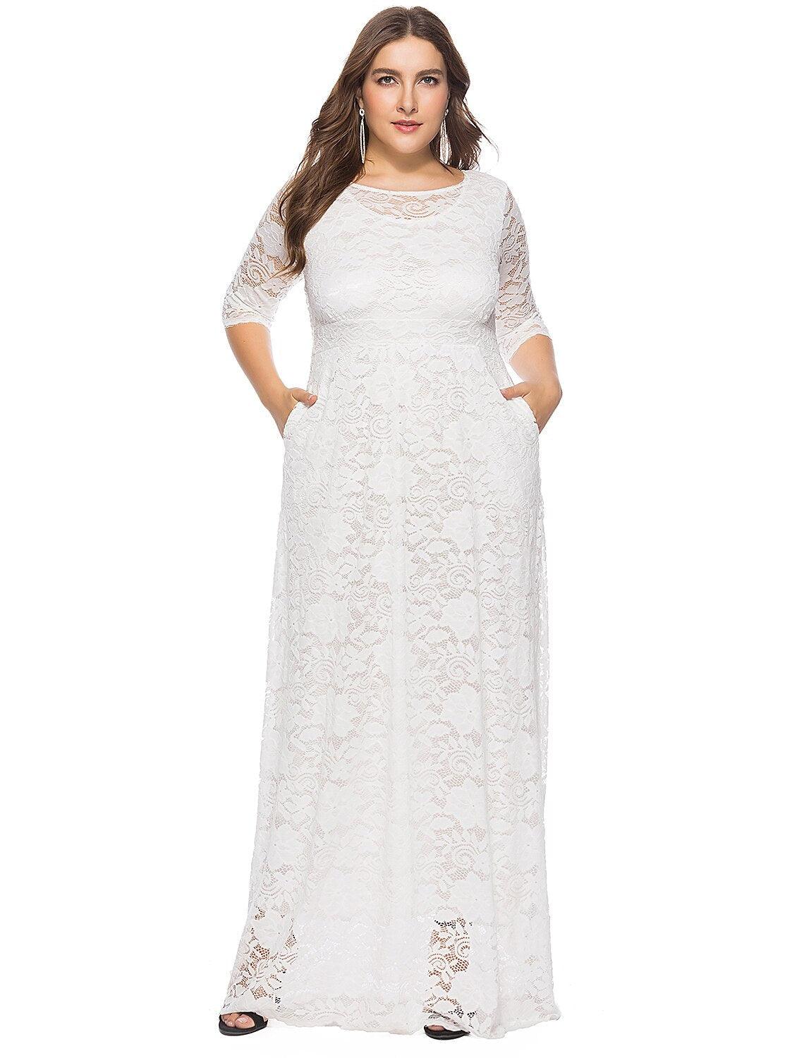 Etui-Linie/Säulenkleid in Übergröße, weiß, für die Feiertage, Hochzeitsgäste, Rundhalsausschnitt, halbe Ärmel, bodenlang, Spitze mit Spitzeneinsatz