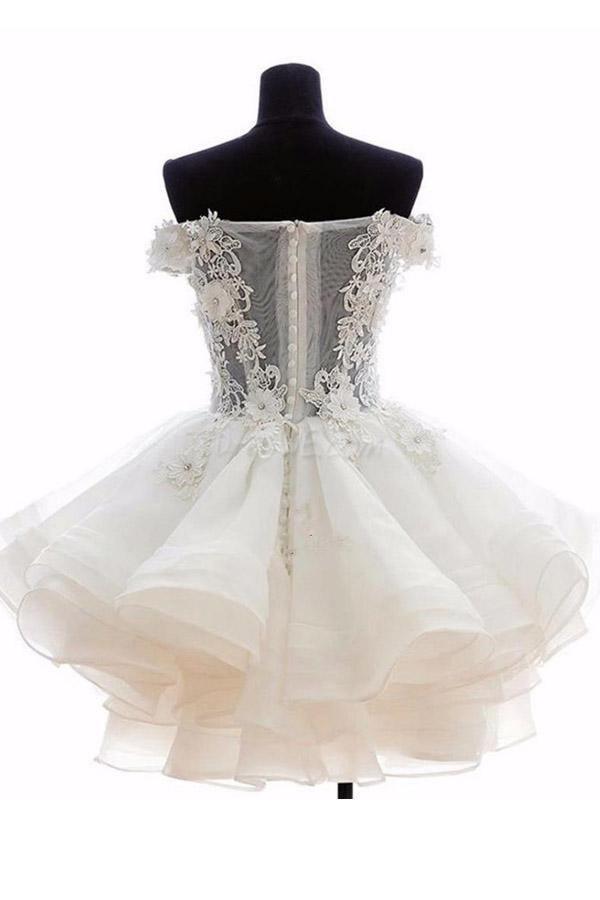 Hermosos vestidos cortos de fiesta de organza rosa con hombros descubiertos
