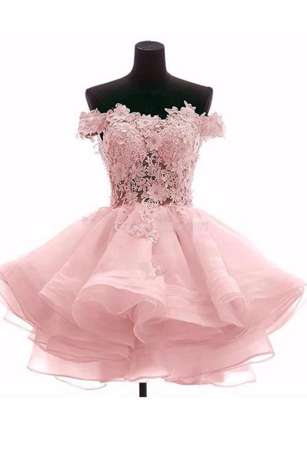 Hermosos vestidos cortos de fiesta de organza rosa con hombros descubiertos