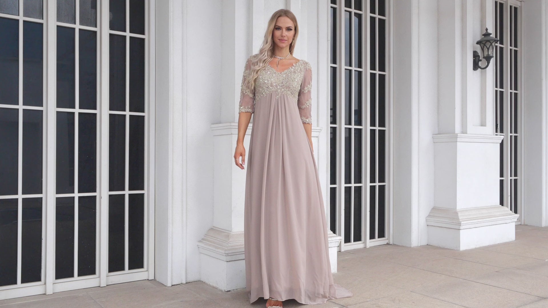 NumberSea Women Chiffon V Neck Long Half Sleeves  Mother of Bride Dress Wedding Wedding Party  28108