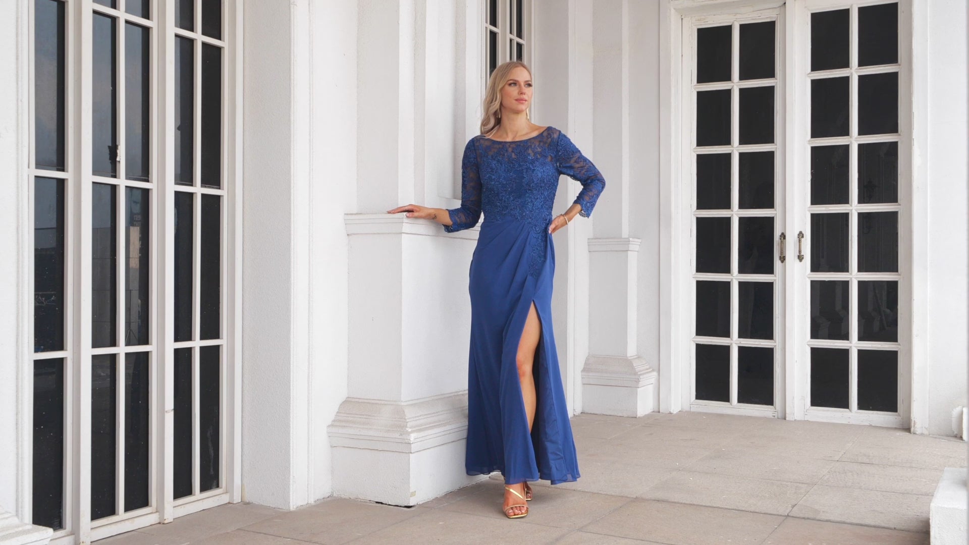 Women's Chiffon V Neck Embroidery Long Sleeve Front Slit Bridesmaid Dresses Wedding Party Prom Evening Dress 28130