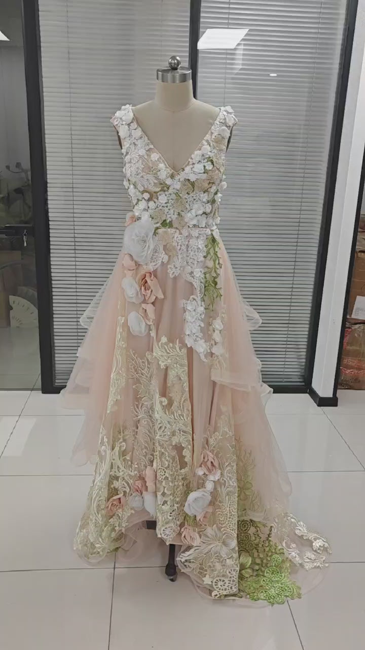 NumberSea Elegantes Tüll A-Linie V-Ausschnitt Blumenspitze Brautkleid MW1009
