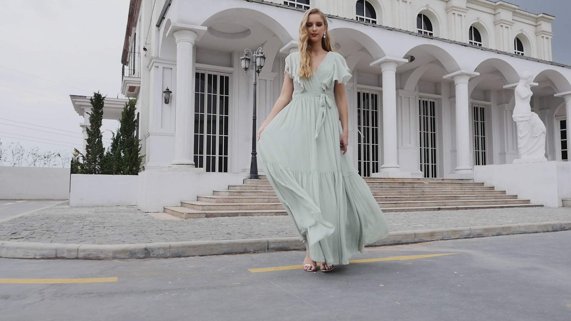 Women's Open Back Formal Evening Party Prom Gowns V-Neck Long Chiffon Bridesmaid Dresses with Waist Belt SEA28038