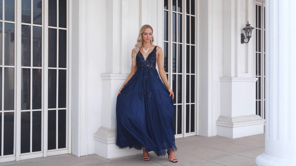 Women's Chiffon V Neck Tulle Embroidery Floor Mop Bridesmaid Evening Dress Prom Wedding Party Evening Dress 28128