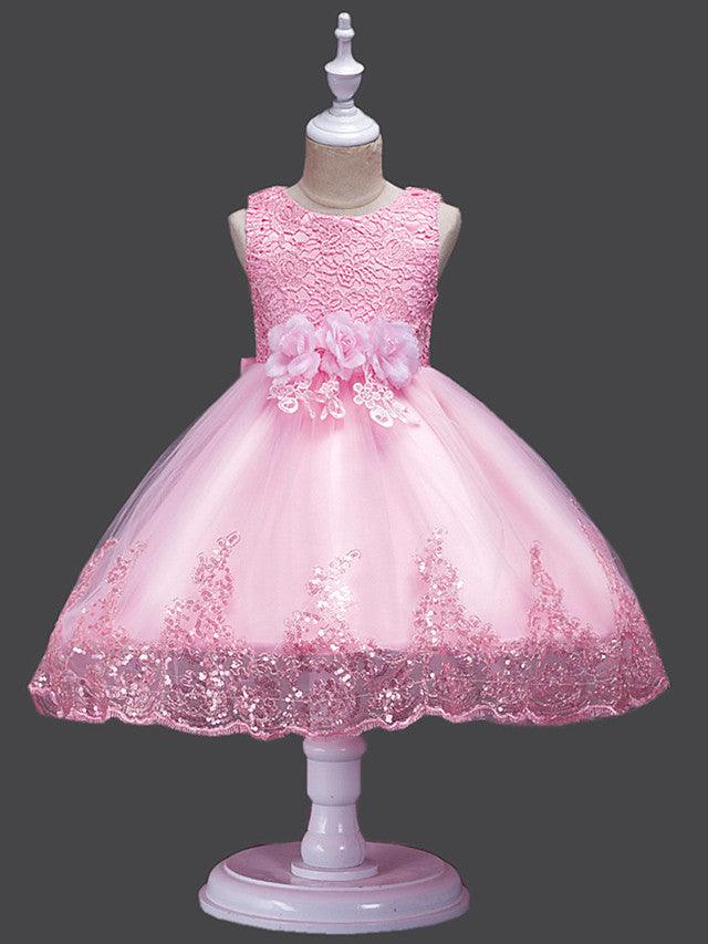 Princess Lace Tulle Sleeveless Jewel Neck Wedding Birthday Flower Girl Dresses