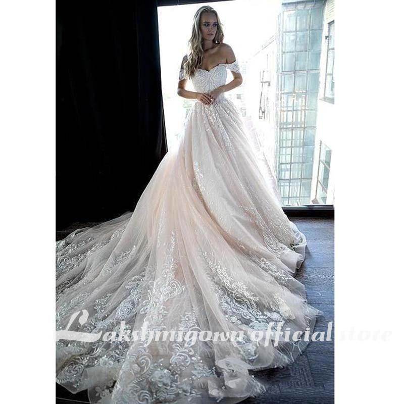 Vestidos de novia de corte A con hombros descubiertos en rosa claro y princesa NumberSea