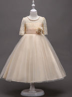 Princess Satin Tulle Jewel Neck Wedding First Communion Flower Girl Dresses with Sleeves