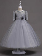 Princess Satin Tulle Jewel Neck Wedding First Communion Flower Girl Dresses with Sleeves