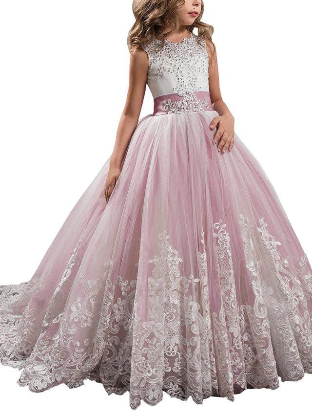 Vestidos de niña de las flores con cuello joya, sin mangas, estilo princesa, con lazo