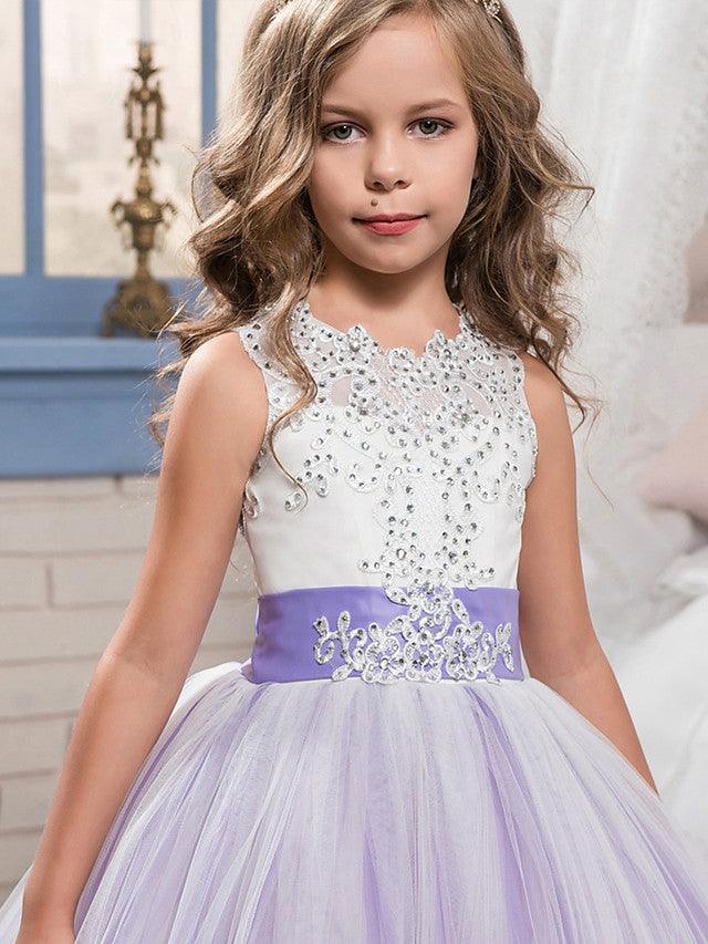 Vestidos de niña de las flores con cuello joya, sin mangas, estilo princesa, con lazo